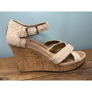 TOMS Womens 9 Cream Geometric Cork Wedge‎ Sandals Ankle Strap Platform Heel Boho